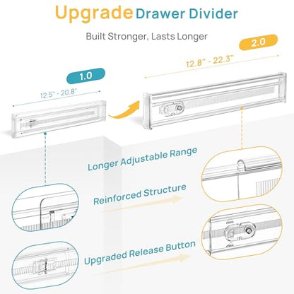 Vtopmart 2.36" Short Upgrade Drawer Dividers 12.8"-22.3" Expandable 8 Pack | Adjustable Kitchen Drawer Organizer, Clear Plastic Separator for Flatware, Utensils, Cutlery, Underwear Storage, Space Saving - size: Short-2.36" without Inserts