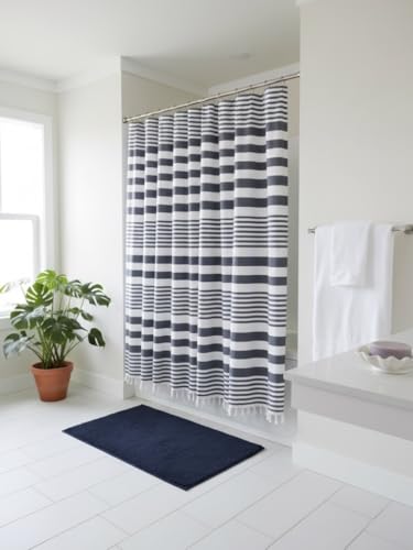 Blue and White Striped Cotton Fabric Shower Curtain with Fringe for Bathtub or Shower, Machine Washable Bath Curtain, 72 x 72 Inch, Margot Denim - color: Margot Denim
