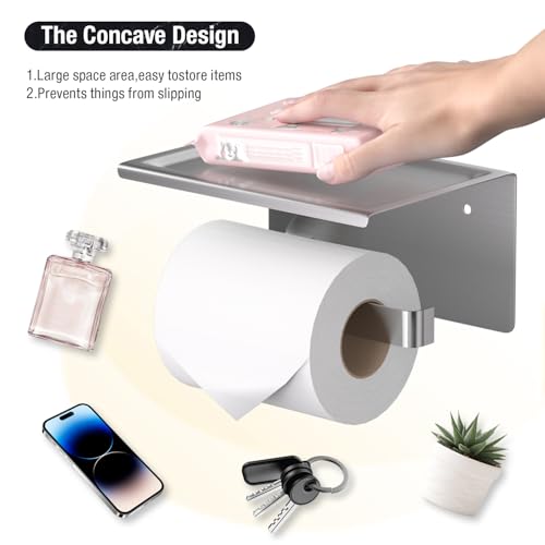 HITSLAM Brushed Nickel Toilet Paper Holder with Phone Shelf, Adhesive or Screw Wall Mount Toilet Paper Roll Holder, Rustproof Stainless Steel Toilet Tissue Holder for Bathroom, Kitchen - color: Brushed Nickel