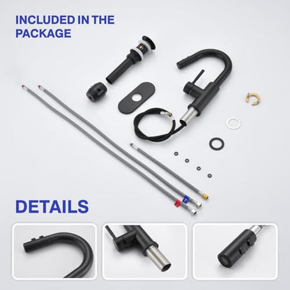 Bathroom Faucet with Sprayer, Matte Black Single Hole with Pop-Up Drain | Kablle Single Handle Pull Out 1 or 3 Hole Laundry Bar Basin Faucet with Deck Plate, KBL-7002B-CL - color: Matte Black