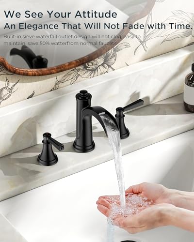 FORIOUS Black Waterfall Bathroom Faucet 3 Holes Vanity, Widespread Faucet | FORIOUS Brass Black Faucet Bathroom 3 Hole, Wide 2 Handle 8 Inch Matte Black Bathroom Sink Faucet Waterfall with Metal Drain - color: Matte Black