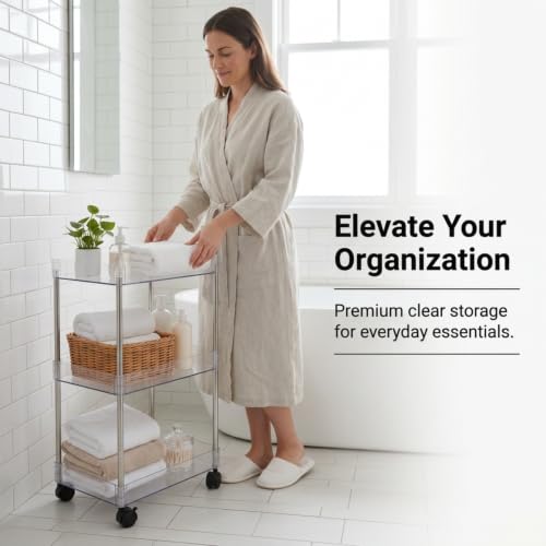 American Dream Acrylic 3-Tier Rolling Cart with Wheels, Chrome & Clear Utility Storage Trolley, Mobile Organizer for Kitchen, Bathroom & Office - size: Large