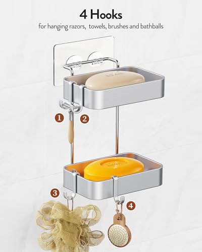 Orimade Aluminum 2 Tier Soap Holder for Shower – Wall Mounted Rustproof Soap Dish with Hooks, No Drilling Adhesive Soap Rack for Bathroom, Kitchen, RV – Quick Draining & Space Saving (Silver)