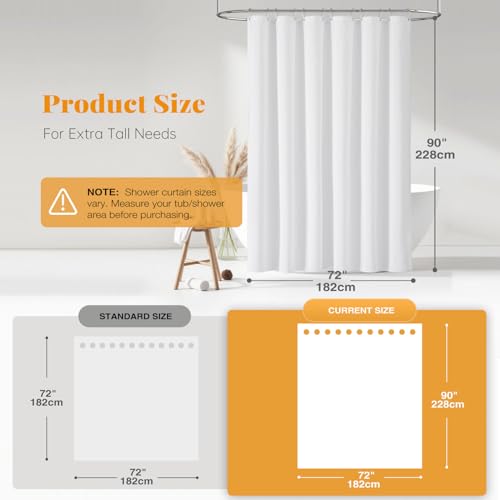 72x90 Linen Textured Waterproof Thick Fabric Shower Curtain Set, White | Long Size, 230GSM Polyester, Heavy Duty Cloth, Weighted Hem, 12 Plastic Hooks, Modern Luxury Hotel Style, Machine Washable - color: White, size: 72"W x 90"L (Pack of 1)