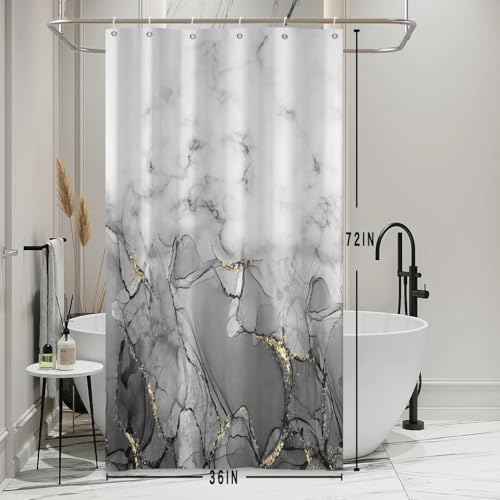 Gray Marble Stall Waterproof Shower Curtain 36x72 inches | RV Small Shower Curtain Set for Bathroom, Abstract Modern, Machine Washable, Easy to Install with Hooks, Ombre White Grey - color: Grey, size: 36"W x 72"L (Pack of 1)