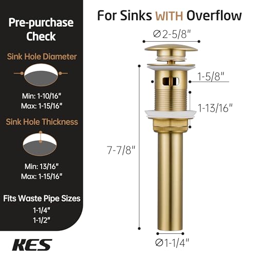 KES Vessel Sink Drain Pop Up Drain with Overflow Bathroom Stopper Assembly Brushed Gold for 1.6"-1.9" Sink Hole, All Metal Rustproof Brass and 304 Stainless Steel, S2008A-BZ | Brass and 304 Stainless Steel, Vanity Bathroom Stopper Assembly, Bathroom Use,