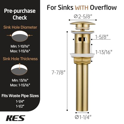 KES Vessel Sink Drain Pop Up Drain with Overflow Bathroom Stopper Assembly Brushed Gold for 1.6"-1.9" Sink Hole, All Metal Rustproof Brass and 304 Stainless Steel, S2008A-BZ | Brass and 304 Stainless Steel, Vanity Bathroom Stopper Assembly, Bathroom Use,