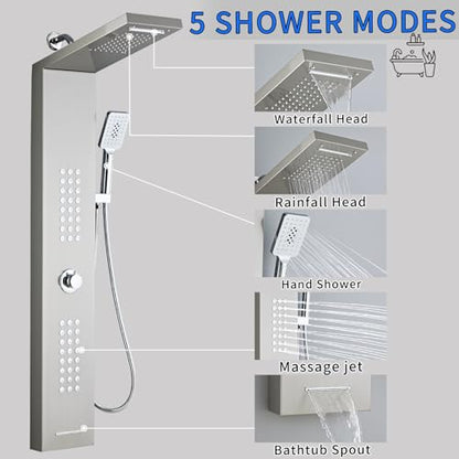 Shower Panel Tower System,Rain Shower Head Rainfall Waterfall | Handheld High Pressure Rain Massage System(Brushed Silver) - color: brushed silver, style: Upgrade and lengthen