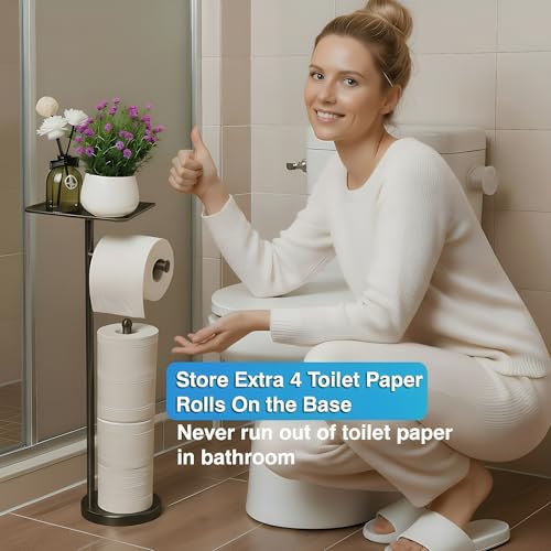 Toilet Paper Holder with Shelf, Freestanding Toilet Paper Stand with Storage Space for Holding Extra 4 Toilet Paper Rolls (Stainless Steel Base, Black) - color: Black