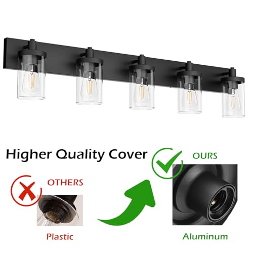 Aipsun Matte Black Bathroom Vanity Light Fixtures 5 Lights Industrial Lighting Fixtures Over Mirror with Clear Glass Shade(Exclude Bulb) - color: Black, size: 5-Light