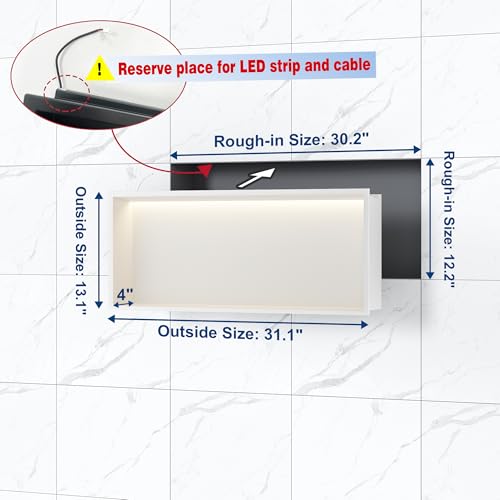 Qeke 30" X 12" Stainless Steel Shower Niche w/ 3 CCT Dimmable Light, White | No Tile Needed Wall Niche, Recessed Niche w/ Light(3000K/4000K/6000K), IP66 Waterproof, Space Saving & Durable - color: Matte White, size: 30" X 12"