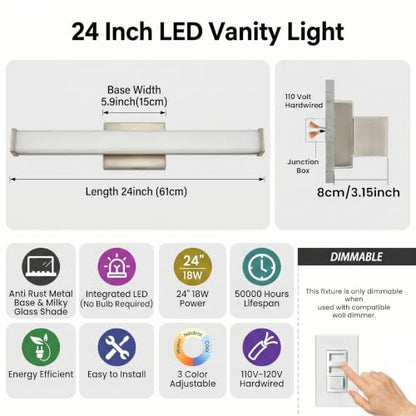 URSOLA 24" Modern LED Bathroom Light Fixtures, Brushed Nickel 3CCT Dimmable Bathroom Vanity Light Over Mirror, Bathroom Vanity Bath Bar Lights with Double Layer Acrylic Shade - color: Brushed Nickel, size: 24inch