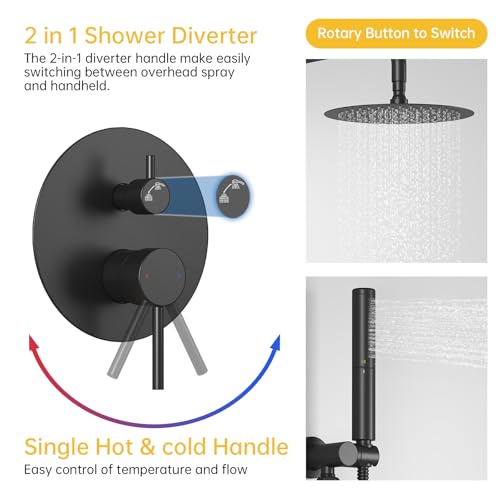 BESy Shower System with 10 Inch Round Rain Shower Head and Handheld Wall Mounted, High Pressure Rainfall Heads Shower Faucet Fixture Combo Set with 2 in 1 Spray Showerhead for Bathroom, Black - color: Black