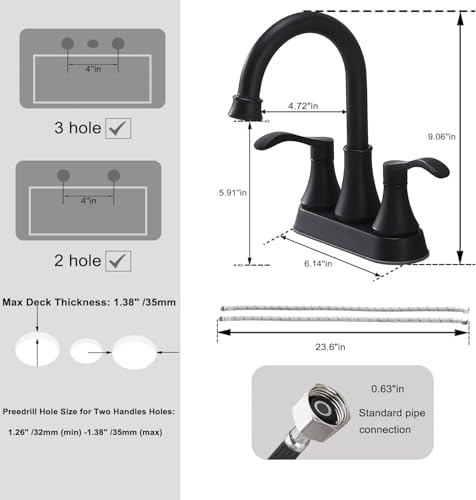 Lead-Free Antique 2 Handle Bathroom Sink Faucet, 360° Swivel High-Arc Spout 4-Inch Centerset Lavatory Vanity Faucets Set with Drain & Water Hoses, Matte Black