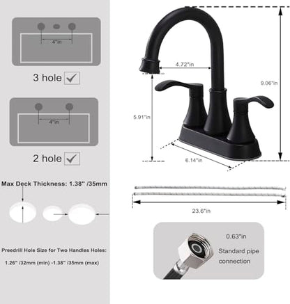 Lead-Free Antique 2 Handle Bathroom Sink Faucet, 360° Swivel High-Arc Spout 4-Inch Centerset Lavatory Vanity Faucets Set with Drain & Water Hoses, Matte Black