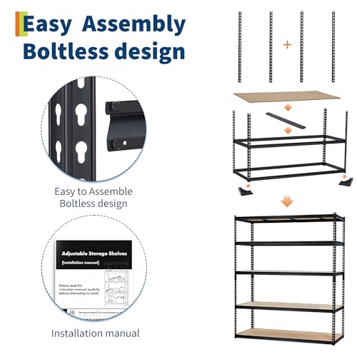 PeakPursuit Storage Shelving Unit, 5-Tier Adjustable Metal Storage Shelves, 60" L x 24" W x 72" H Heavy Duty Garage Storage Shelves for Kitchen Pantry Basement Bathroom Laundry - size: 60" L x 24" W x 72" H