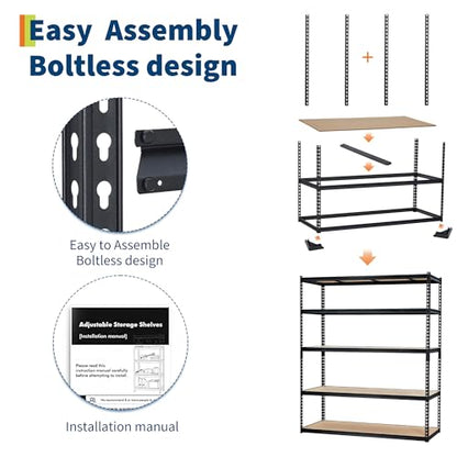 PeakPursuit Storage Shelving Unit, 5-Tier Adjustable Metal Storage Shelves, 60" L x 24" W x 72" H Heavy Duty Garage Storage Shelves for Kitchen Pantry Basement Bathroom Laundry - size: 60" L x 24" W x 72" H