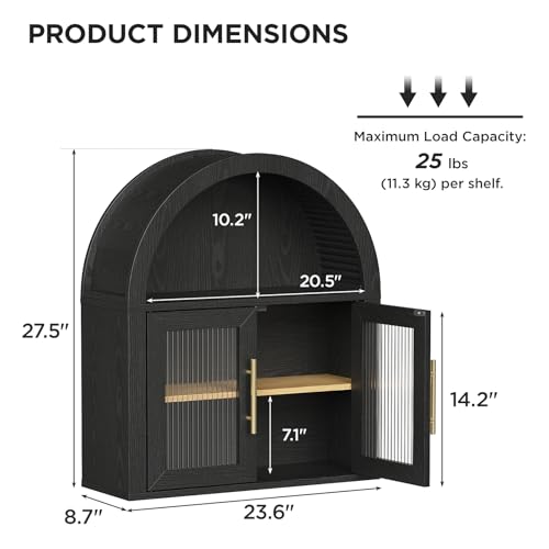 Maupvit Arched Bathroom Wall Cabinet, 23.6''W Modern Floating Medicine Cabinets with Fluted Glass Doors & Gold Handles, Space-Saving Over the Toilet Storage Cabinet for Bathroom Kitchen Laundry Room