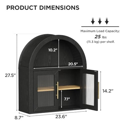 Maupvit Arched Bathroom Wall Cabinet, 23.6''W Modern Floating Medicine Cabinets with Fluted Glass Doors & Gold Handles, Space-Saving Over the Toilet Storage Cabinet for Bathroom Kitchen Laundry Room