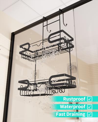 HapiRm Hanging Shower Caddy Over the Door with 14 Hooks and Soap Holder, No Drilling Adhesive Shower Storage, Rustproof & Waterproof Stainless Steel Bathroom Shelves - Black - color: C-Black