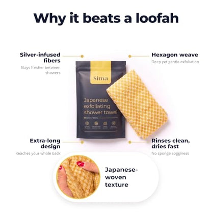 Exfoliating Washcloth Face & Body Scrub Towel - Japanese Exfoliating Towel with Hexagon Fibers, Body Scrubber with 2 Sides for Scrubbing & Washing, Extra Long Body Towels (Yellow) | Japanese Exfoliating Washcloth with Hexagon Fibers, 2 Sides for Scrubbing