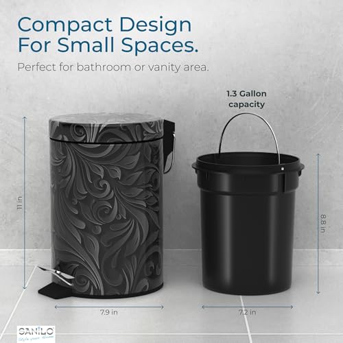Sanilo Small Bathroom Trash Can with Lid [1.3 Gallon] - Lidded Tiny Trashcan for Garbage - Mini Metal Bin with Soft Closing Mechanism - Bath Room Accessoire Wastebin with Inner Bucket (Floral) - color: Floral