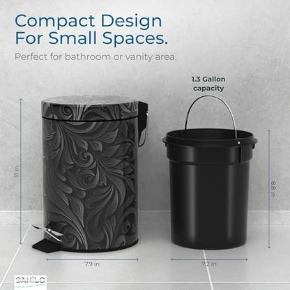 Sanilo Small Bathroom Trash Can with Lid [1.3 Gallon] - Lidded Tiny Trashcan for Garbage - Mini Metal Bin with Soft Closing Mechanism - Bath Room Accessoire Wastebin with Inner Bucket (Floral) - color: Floral