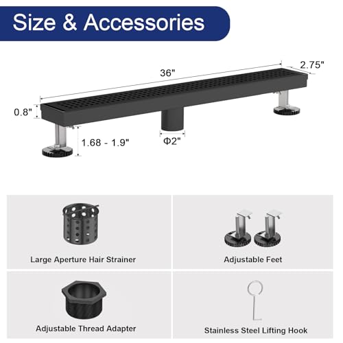 36 Inch Linear Shower Drain - Matte Black, with Removable Grate | AISI 304 Stainless Steel Shower Drain, Long Rectangle Shower Floor Drain with Adjustable Feet, Fits Bathroom & Balcony etc - color: Matte Black, size: 36 in