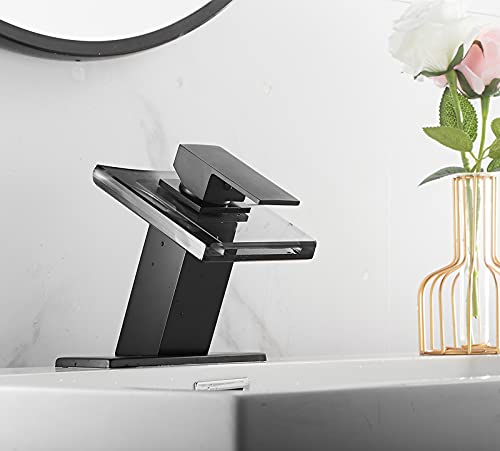 Black Bathroom Faucet Led Light 3 Color Changing Waterfall Glass Spout | Battery Power Lavatory Vanity Sink Faucet Single Handle One Hole Deck Mount Modern Designer Basin Tap - color: Black, style: with Led light