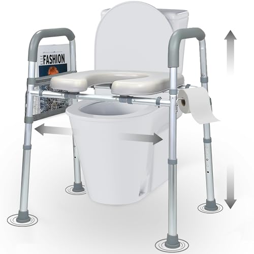 Raised Toilet Seat with Handles, 400lb, Adjustable Height & Width | Padded Comfort,Rust-Proof Aluminum,Non-Slip Feet, Height/Width Adjustable, Fit Any Toilets. Tool-Free Install, For Seniors