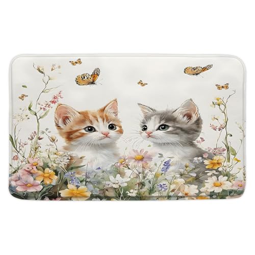 Butterfly and Kitten Floral Bath Mat Cute Cat Spring Farmhouse Rustic Farm Animal Garden Cats Pet Lover Wildflower Bath Mat Home Bathroom Kitchen Door Doormat Toilet Floor Carpet - size: 2' x 3'11" (Rectangular)