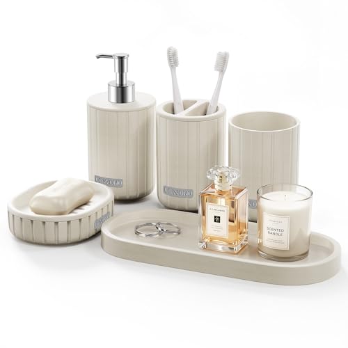 Bathroom Accessories Set 5 Piece, Cream Bathroom Set with Soap Dispenser, Soap Dish, Bathroom Vanity Tray, Toothbrush Holder and Toothbrush Cup, Modern Bathroom Accessory Set for Countertop