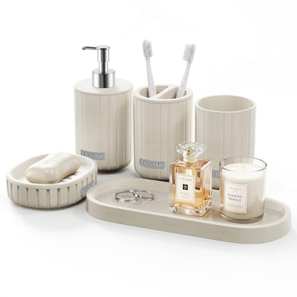 Bathroom Accessories Set 5 Piece, Cream Bathroom Set with Soap Dispenser, Soap Dish, Bathroom Vanity Tray, Toothbrush Holder and Toothbrush Cup, Modern Bathroom Accessory Set for Countertop
