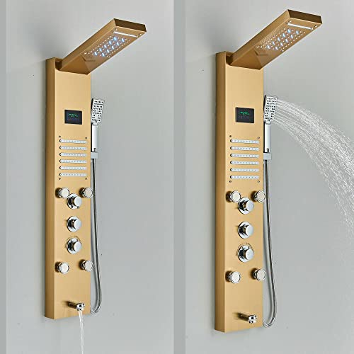 Brushed Gold LED Shower Panel Tower Massage Body Jets System Rain Waterfall Mixer Hand Shower