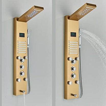 Brushed Gold LED Shower Panel Tower Massage Body Jets System Rain Waterfall Mixer Hand Shower