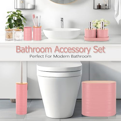 25 PCS Pink Bathroom Accessories Set丨Shower Curtain Bathroom Accessory | All-in-One Kit with Shower Curtain,rug,Trash Can,Toothbrush Holder,Toilet BrushSoap Dispenser,Toothbrush Cup,etc for Home - color: Pink