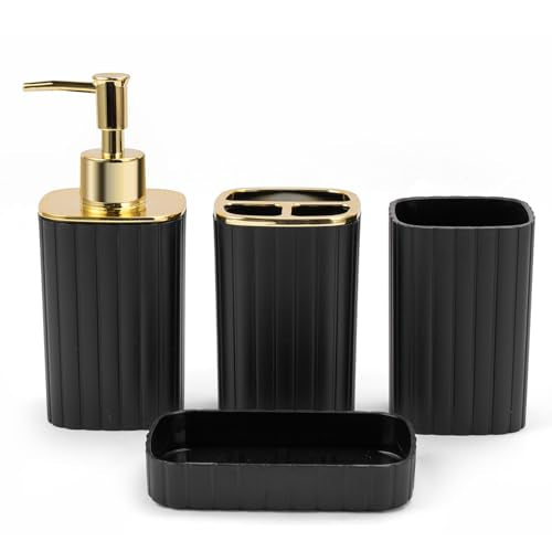 RRM Bathroom Accessories Set 4 Piece, Black and Gold Bathroom Set | includes Soap Dispensers, Toothbrush Holder, Soap Dish and Cup, Black Gold Bathroom Decor for Modern Homes - color: Black, size: 4Pcs-A
