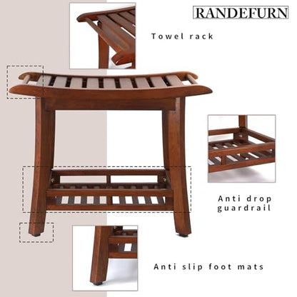 RANDEFURN 24“ Teak Shower Bench with Shelf,Teak Wood Shower Stool,Waterproof Wood Shower Chair for Elderly,2-Tier Wooden Shower Seat Spa Stool for Indoor and Outdoor Use.(24 x 13.4 x 18.3in, Brown)