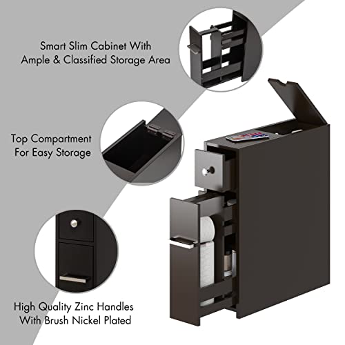 Spirich Small Bathroom Storage Cabinet with Toilet Paper Holder, Espresso | Slide-Out Drawers, Hidden Top Compartment, Toilet Paper Storage, Slim Freestanding Design for Bathrooms and Narrow Spaces - color: Espresso