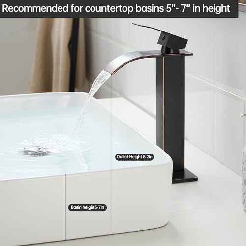 Tall Vessel Sink Faucet Oil Rubbed Bronze Faucet for Bathroom Sink Tall Waterfall Bathroom Faucet Single Handle 1 or 3 Hole Wash with Pop-up Drain - color: Oil Rubbed Bronze
