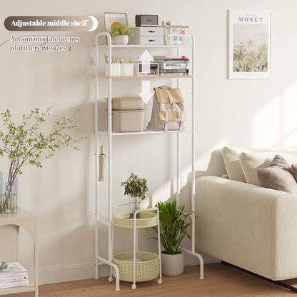 STDDRE 3-Tier Over The Toilet Storage Space Saver with Paper Holder Freestanding Rack Metal Bathroom Shelves with Hooks Above The Toilet Storage Shelf (White, 3 Tier) - color: White