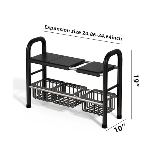 Under Sink Organizers and Storage, 2 Tier 20.9"-34.6" Expandable Length with 3 Removable Baskets and 3 Removable Panels Expandable Shelf for Cupboard,Kitchen,Bathroom, Black