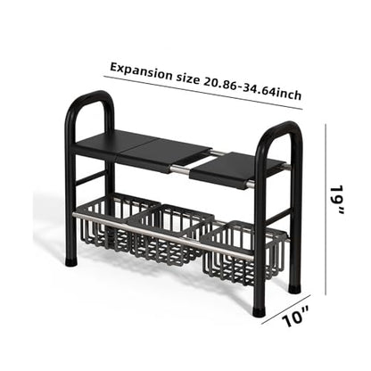 Under Sink Organizers and Storage, 2 Tier 20.9"-34.6" Expandable Length with 3 Removable Baskets and 3 Removable Panels Expandable Shelf for Cupboard,Kitchen,Bathroom, Black
