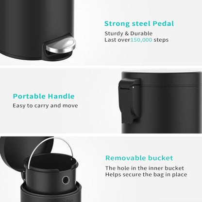 mVm Bathroom Trash Can,3.2 Gallon/12 Lliter Step Garbage Can with Lid and Foot Pedal,Soft-Close,Anti-Fingerprint.Round Stainless Steel Trash Can for Bathroom,Bedroom,Office,Living Room (Matte Black) - color: Black, size: 3.2Gal/12L