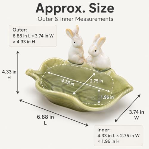 Rabbit Ceramic Soap Dish, Green Bunny Countertop Tray | Glazed ceramic; for soap, sponge, jewelry, keys; countertop only, no drainage hole or non-slip pad.
