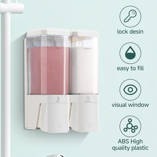 Shampoo and Conditioner Dispenser 2 Chamber No Drill Shampoo Dispenser for Shower Wall Mounted Shower Soap Dispenser 2 * 500ml Refillable Shower Dispenser for Bathroom Hotel,White - color: White-clear-2