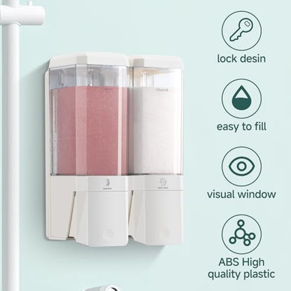Shampoo and Conditioner Dispenser 2 Chamber No Drill Shampoo Dispenser for Shower Wall Mounted Shower Soap Dispenser 2 * 500ml Refillable Shower Dispenser for Bathroom Hotel,White - color: White-clear-2