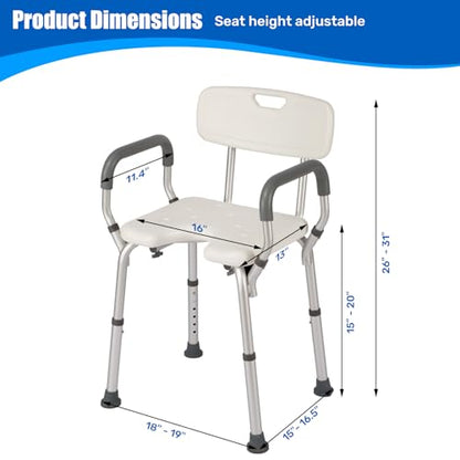 Shower Chair with Arms and Back, 330lbs Heavy Duty Bath Seat with U-Shaped Cutout, 21" Extra Wide Adjustable Shower Stool with 2 EVA Pads and Shower Head Holder, Tool-Free Assembly - color: Grey Pad-small