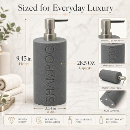 Resin Neutral Gray Sandstone Shampoo Engraved Bottle Refillable Pump Dispenser, Durable Waterproof Resin Construction for Bath, Shower - Gray Sandstone Satin Nickel Pump - color: Gray Sandstone Resin, Nickel Pump - Shampoo