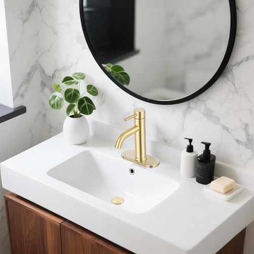 Bathroom Faucet, Single Handle Vanity Sink Faucet, Brushed Gold | Brushed Gold, for 1/3-Hole, Stainless Steel, Ceramic Cartridge, Pop-Up Drain, Deck Plate, For Vanity Powder Laundry - color: Brushed Gold